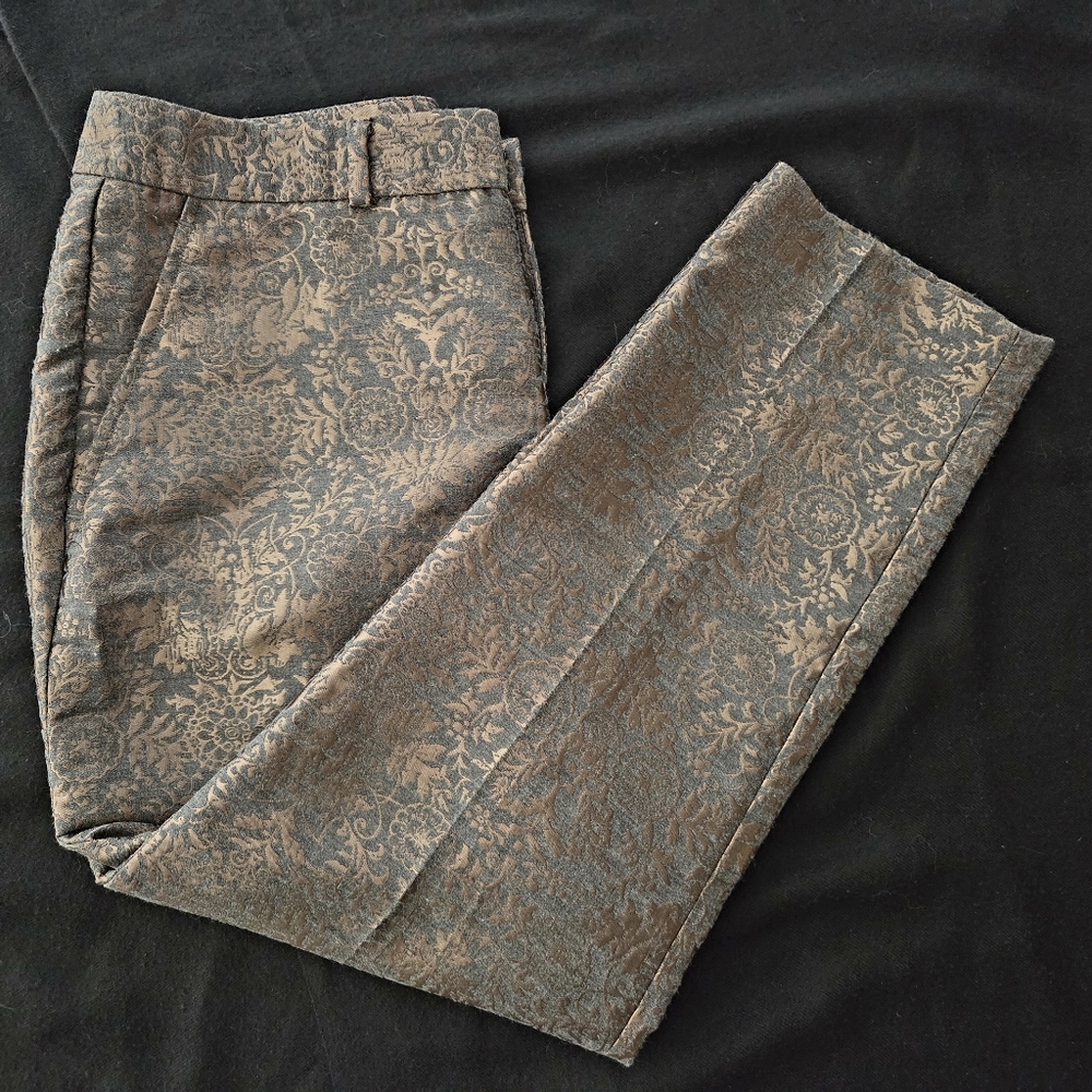 Banana Republic Martin Fit Ankle Pants Size 6P Petite Gold Grey Floral Print EUC